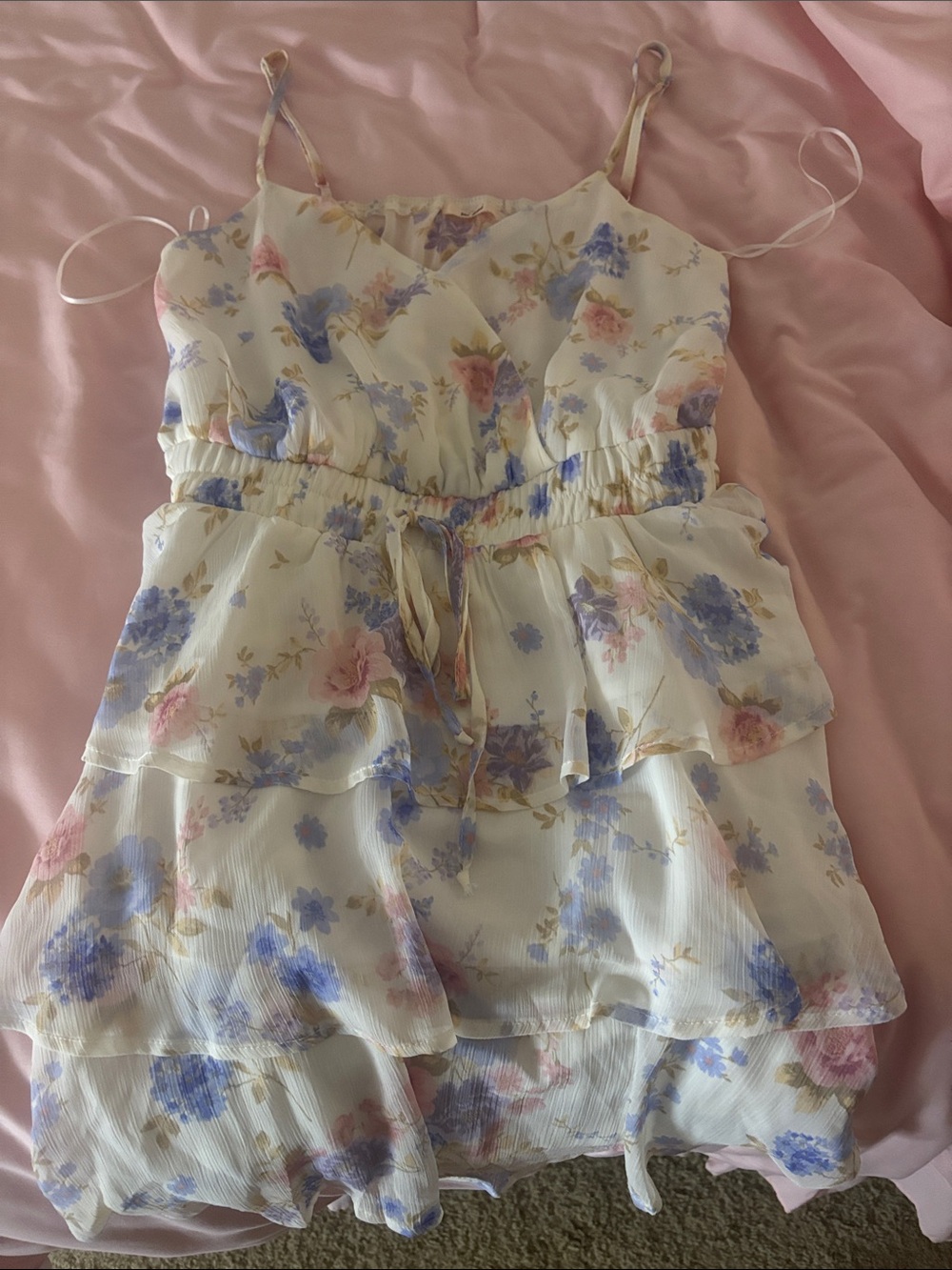 Girls Floral Tiered Spaghetti-Strap Dress - White with Blue & Pink Flowers